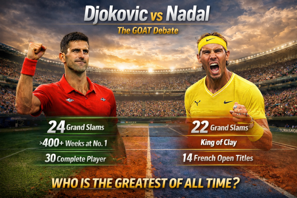 Novak Djokovic vs Rafael Nadal rivalry image highlighting Grand Slam titles and French Open dominance in the GOAT debate
