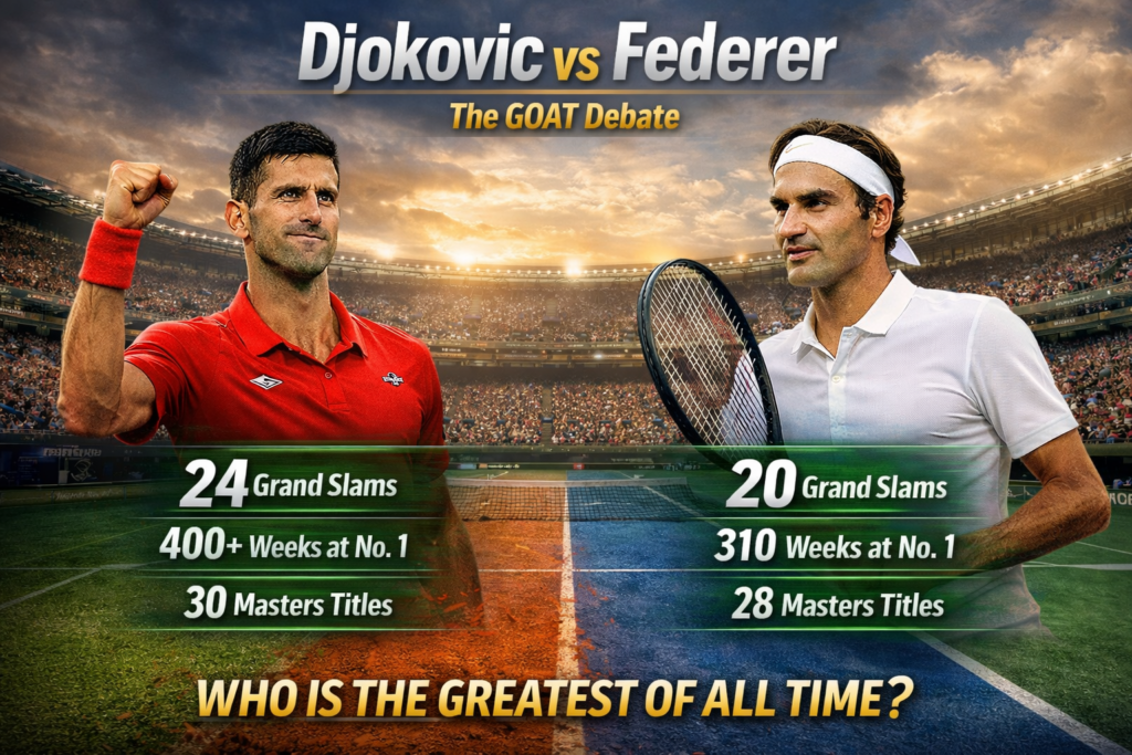 Novak Djokovic vs Roger Federer head to head comparison graphic with Grand Slam totals and ATP ranking records
