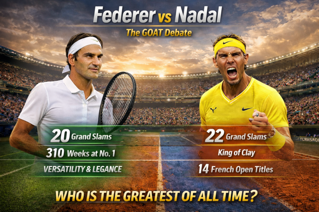 Roger Federer vs Rafael Nadal comparison graphic featuring Grand Slam titles and clay court dominance discussion
