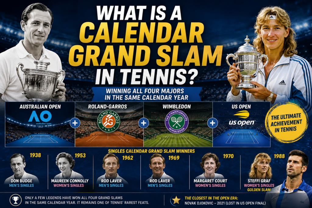 Calendar Grand Slam in tennis showing the four majors and historic singles winners including Rod Laver and Steffi Graf