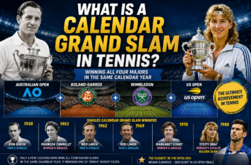 Calendar Grand Slam in tennis showing the four majors and historic singles winners including Rod Laver and Steffi Graf