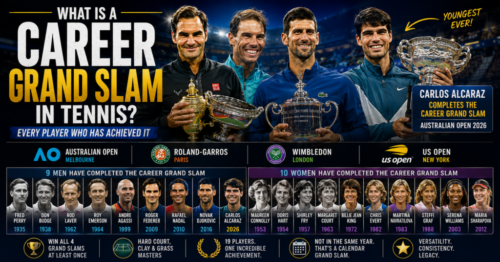 Career Grand Slam in tennis featuring Federer, Nadal, Djokovic and Alcaraz with all four Grand Slam tournaments