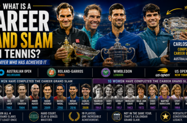 Career Grand Slam in tennis featuring Federer, Nadal, Djokovic and Alcaraz with all four Grand Slam tournaments