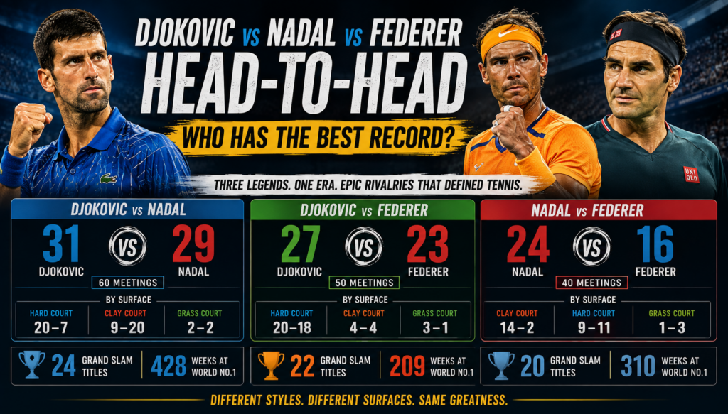 Djokovic vs Nadal vs Federer head-to-head records comparing the Big Three tennis rivalries