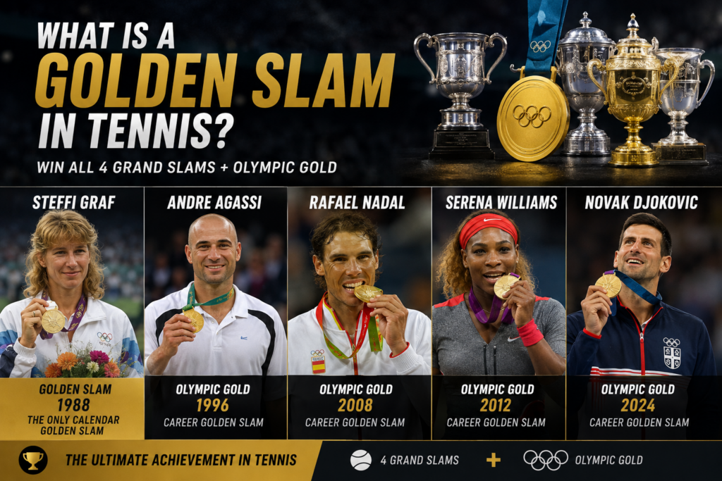 Golden Slam in tennis featuring Steffi Graf, Andre Agassi, Rafael Nadal, Serena Williams and Novak Djokovic as Career Golden Slam winners