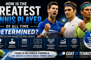 This featured image illustrates the primary criteria used to evaluate the greatest tennis player of all time (GOAT). It features Novak Djokovic, Roger Federer and Rafael Nadal alongside the key factors in the debate, including Grand Slam titles, weeks ranked World No. 1, longevity, consistency, all-surface success, performance against elite opponents and historical impact.