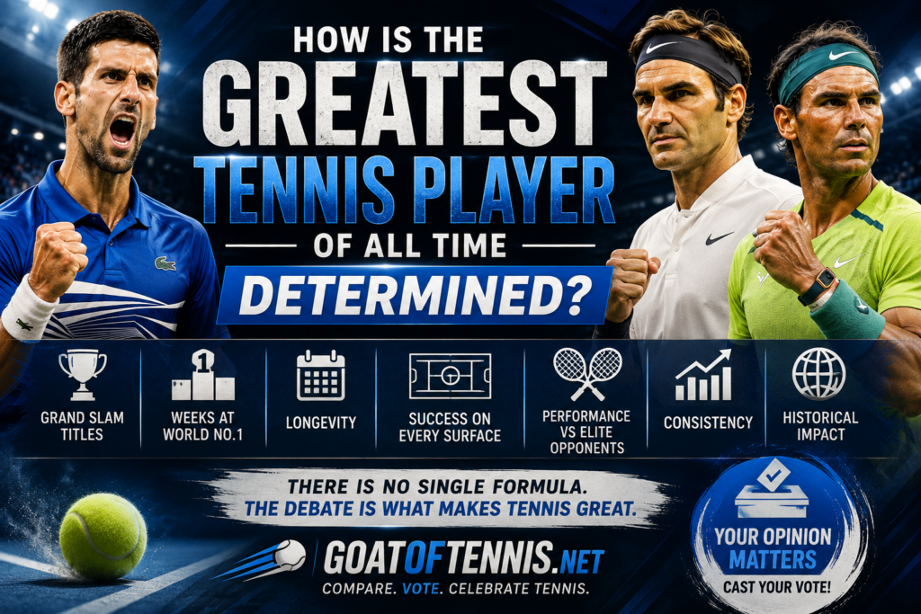 How the greatest tennis player of all time is determined featuring Novak Djokovic, Roger Federer and Rafael Nadal with the key GOAT criteria including Grand Slam titles, weeks at World No. 1, longevity, consistency and historical impact.