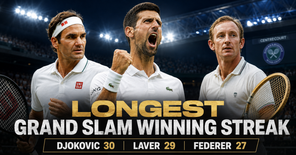 Longest Grand Slam winning streak records featuring Novak Djokovic, Rod Laver and Roger Federer
