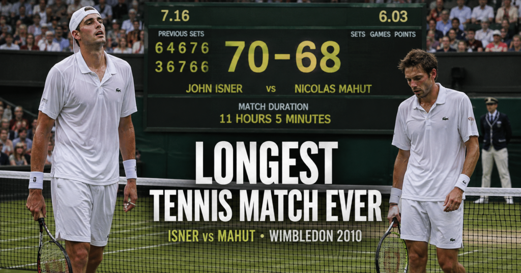 John Isner vs Nicolas Mahut at Wimbledon 2010 in the longest tennis match ever, lasting 11 hours and 5 minutes