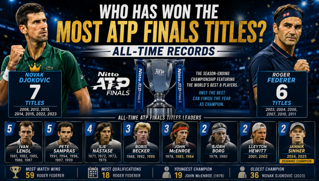 Most ATP Finals titles all-time records featuring Novak Djokovic, Roger Federer and other ATP Finals champions