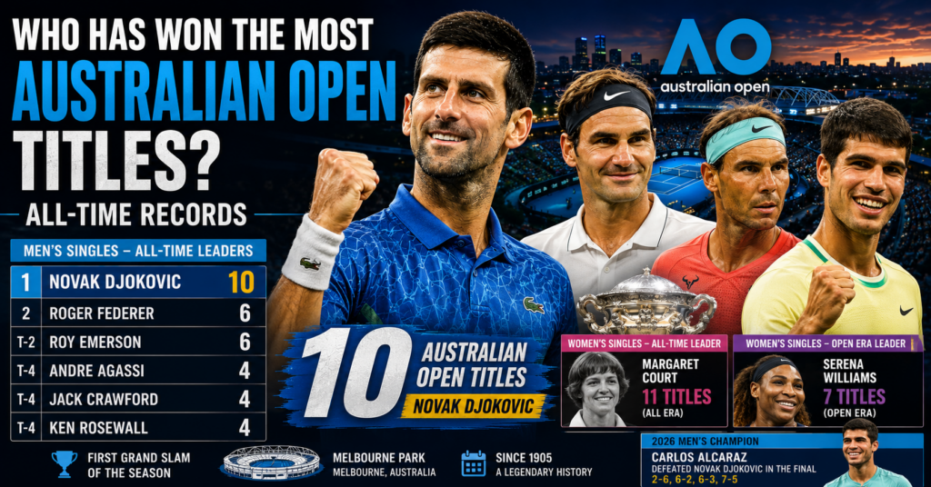 Most Australian Open titles all-time records led by Novak Djokovic with 10 men's singles titles
