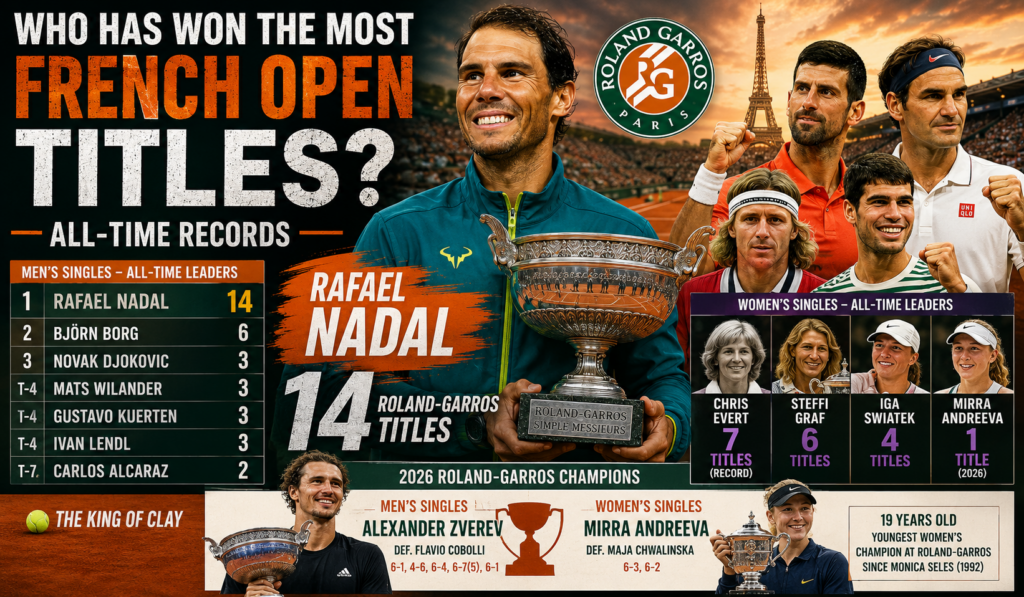 Most French Open titles all-time records led by Rafael Nadal with 14 Roland Garros men's singles titles