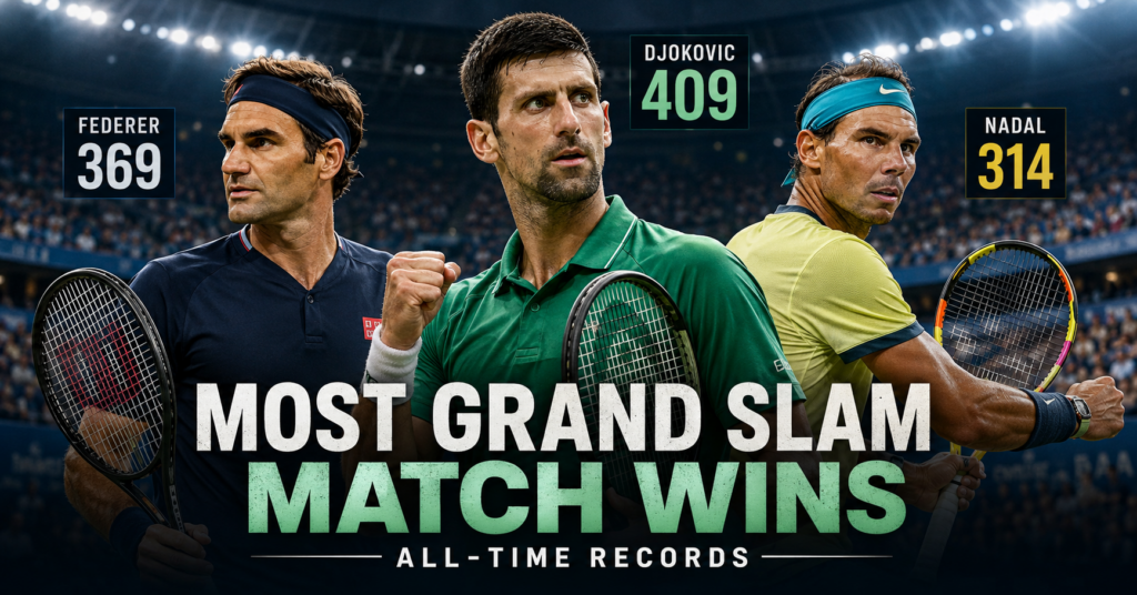 Most Grand Slam match wins all-time records featuring Novak Djokovic, Roger Federer and Rafael Nadal