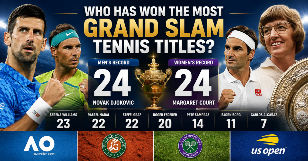 Most Grand Slam tennis titles all-time record showing Novak Djokovic and Margaret Court with 24 titles