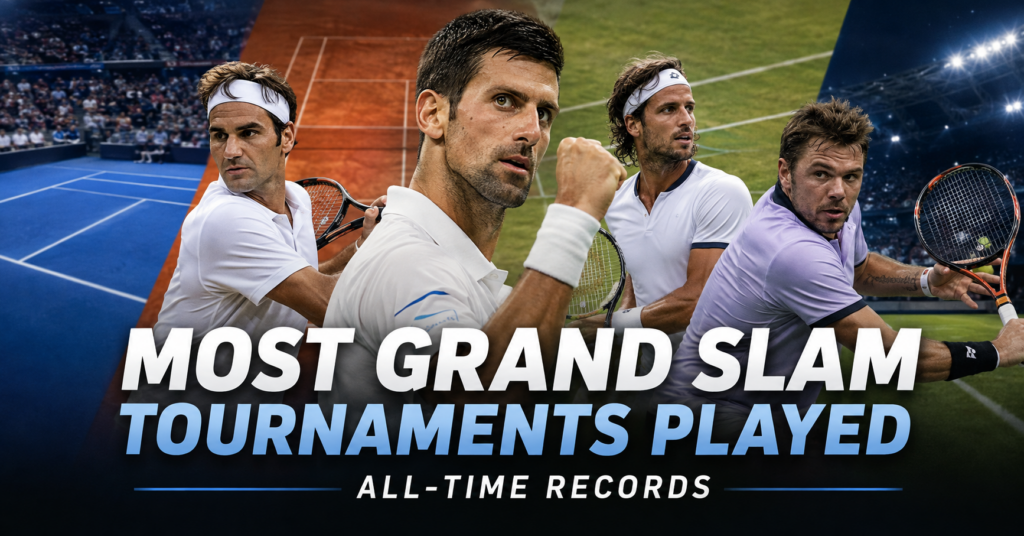 Most Grand Slam tournaments played all-time records featuring Novak Djokovic, Roger Federer, Feliciano Lopez and Stan Wawrinka