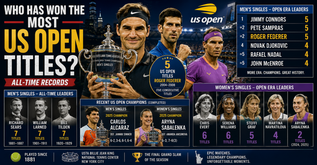 Most US Open titles all-time records featuring Roger Federer, Novak Djokovic and Rafael Nadal
