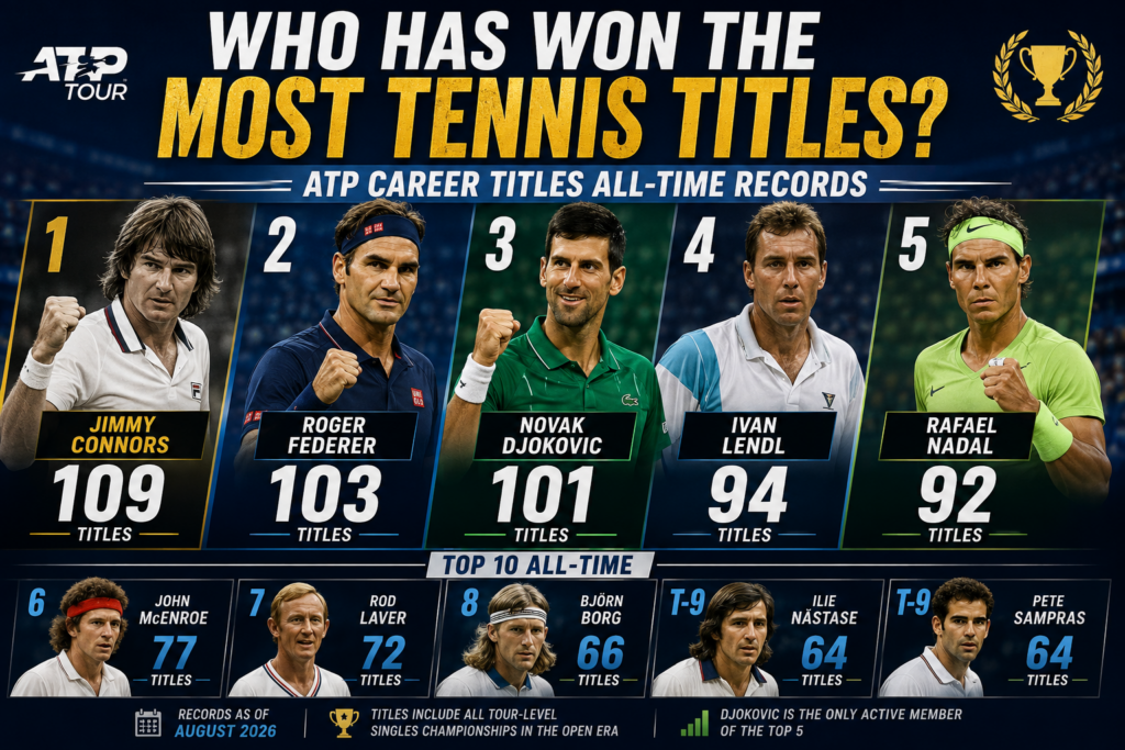 Most ATP career tennis titles all-time records featuring Jimmy Connors, Roger Federer, Novak Djokovic, Ivan Lendl and Rafael Nadal