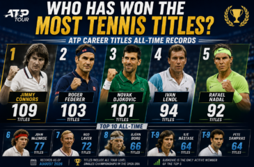 Most ATP career tennis titles all-time records featuring Jimmy Connors, Roger Federer, Novak Djokovic, Ivan Lendl and Rafael Nadal