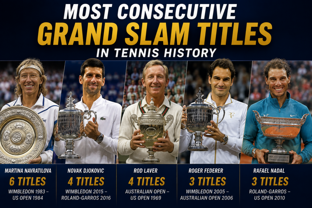 Most consecutive Grand Slam titles in tennis history featuring Martina Navratilova, Novak Djokovic, Rod Laver, Roger Federer and Rafael Nadal