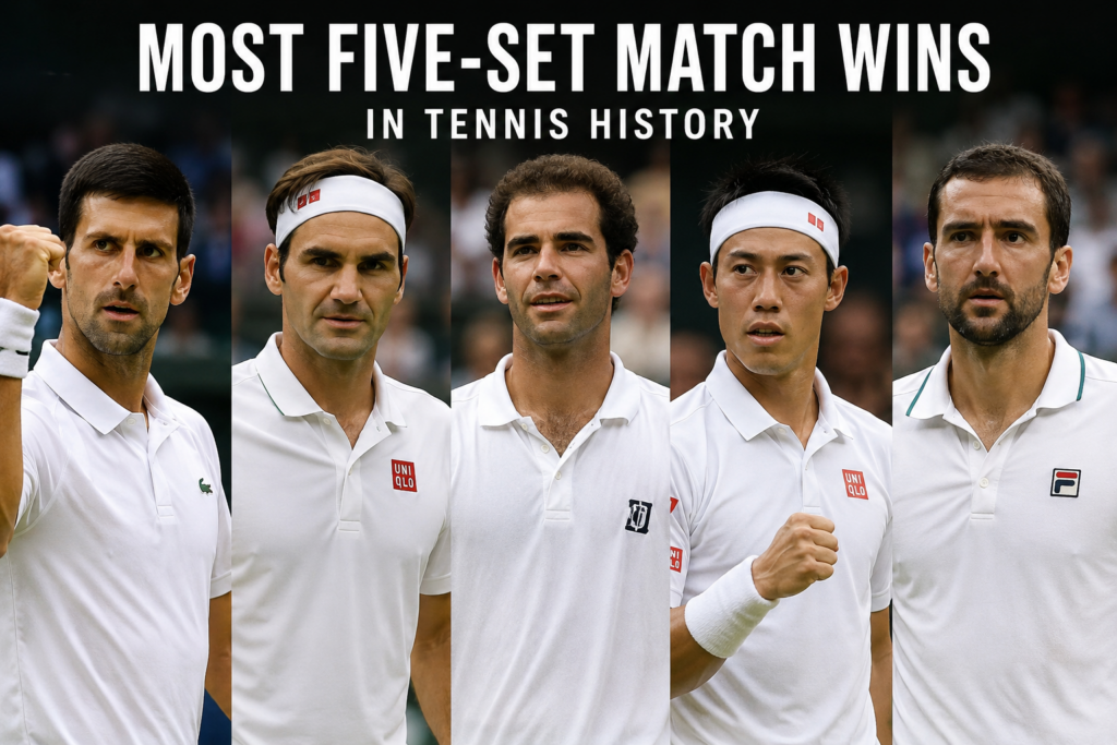 Most five-set match wins in tennis history featuring Novak Djokovic, Roger Federer, Pete Sampras, Kei Nishikori and Marin Cilic