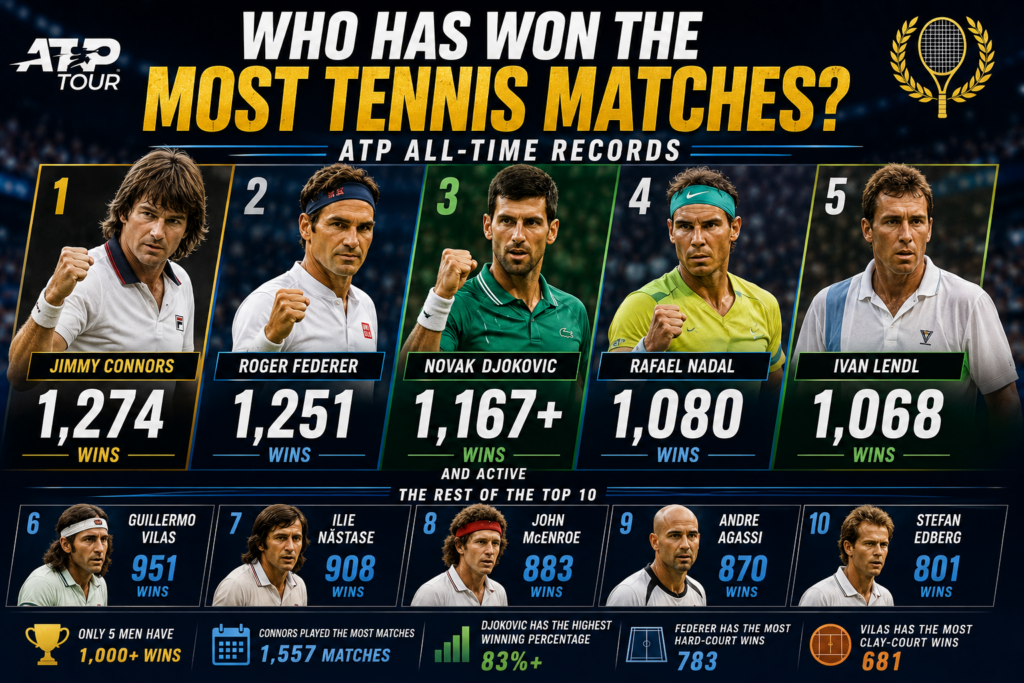 Most tennis match wins ATP all-time records featuring Jimmy Connors, Roger Federer, Novak Djokovic, Rafael Nadal and Ivan Lendl