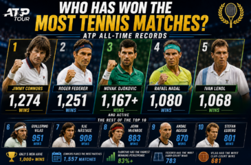 Most tennis match wins ATP all-time records featuring Jimmy Connors, Roger Federer, Novak Djokovic, Rafael Nadal and Ivan Lendl