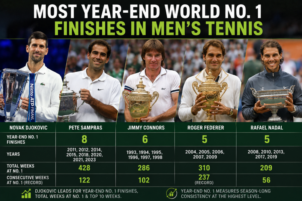 Most year-end World No. 1 finishes in men's tennis comparing Novak Djokovic, Pete Sampras, Jimmy Connors, Roger Federer and Rafael Nadal