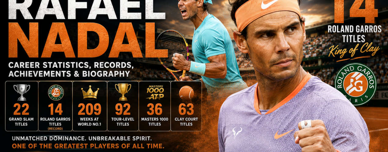Rafael Nadal career statistics and records featuring 22 Grand Slam titles, 14 Roland Garros titles, 209 weeks at World No. 1 and 92 career titles.