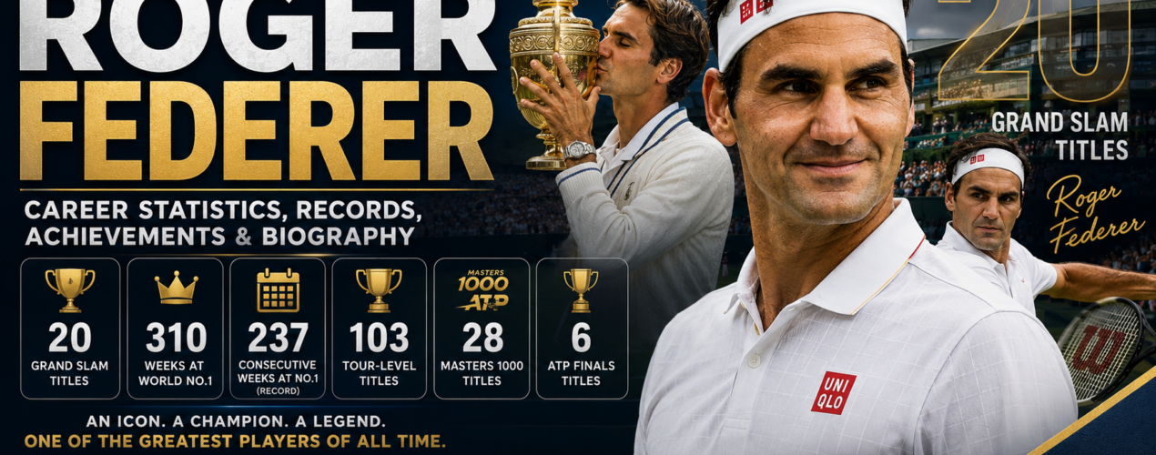 Roger Federer career statistics and records featuring 20 Grand Slam titles, 310 weeks at World No. 1, 8 Wimbledon titles and 103 career titles.