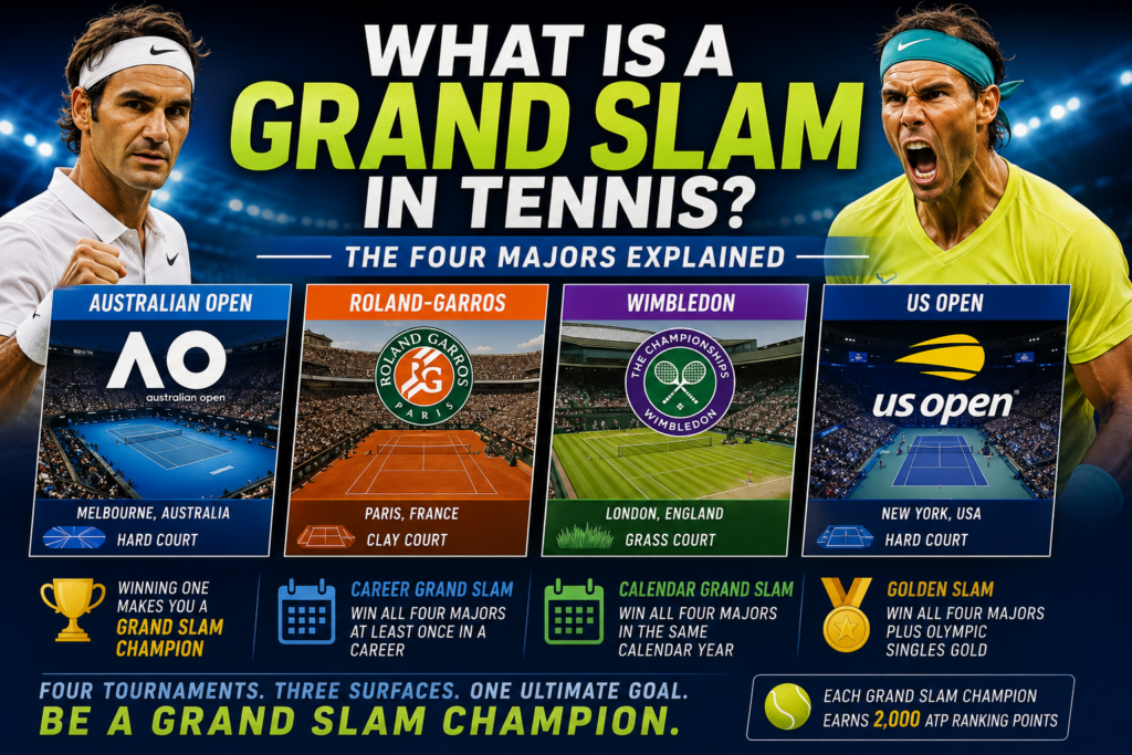 What is a Grand Slam in tennis showing the Australian Open, Roland Garros, Wimbledon and US Open