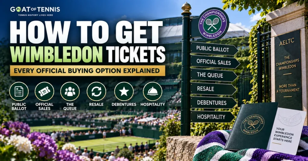 How to get Wimbledon tickets guide showing official buying options including the Public Ballot, Queue, resale and debenture tickets