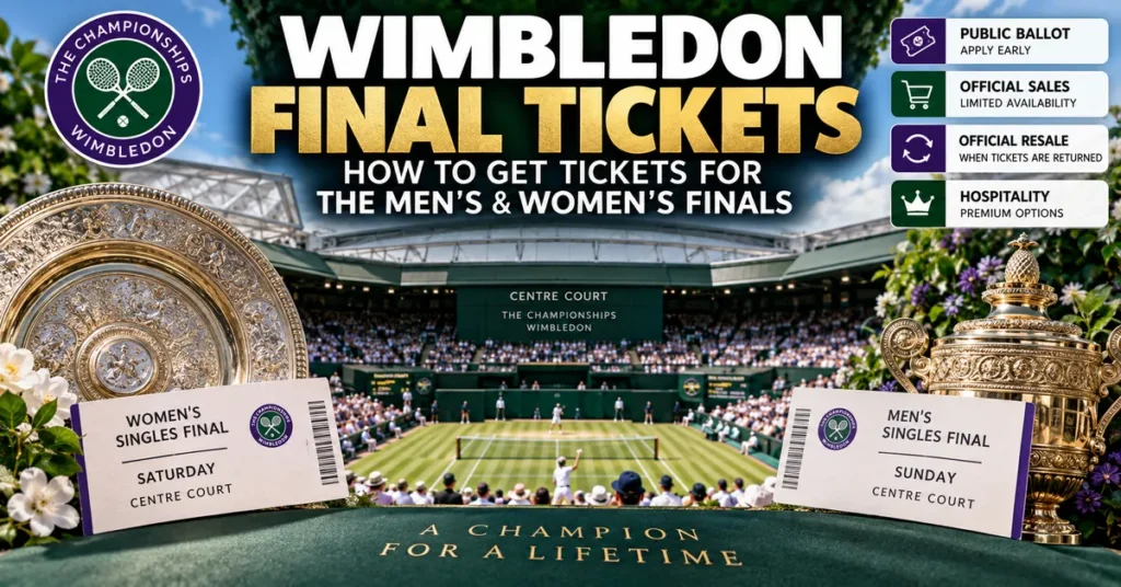 Wimbledon final tickets showing Centre Court, men’s and women’s singles finals, and ticket buying options