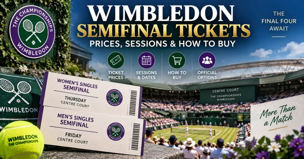 Wimbledon semifinal tickets showing Centre Court, men’s and women’s semifinal sessions, prices and buying options